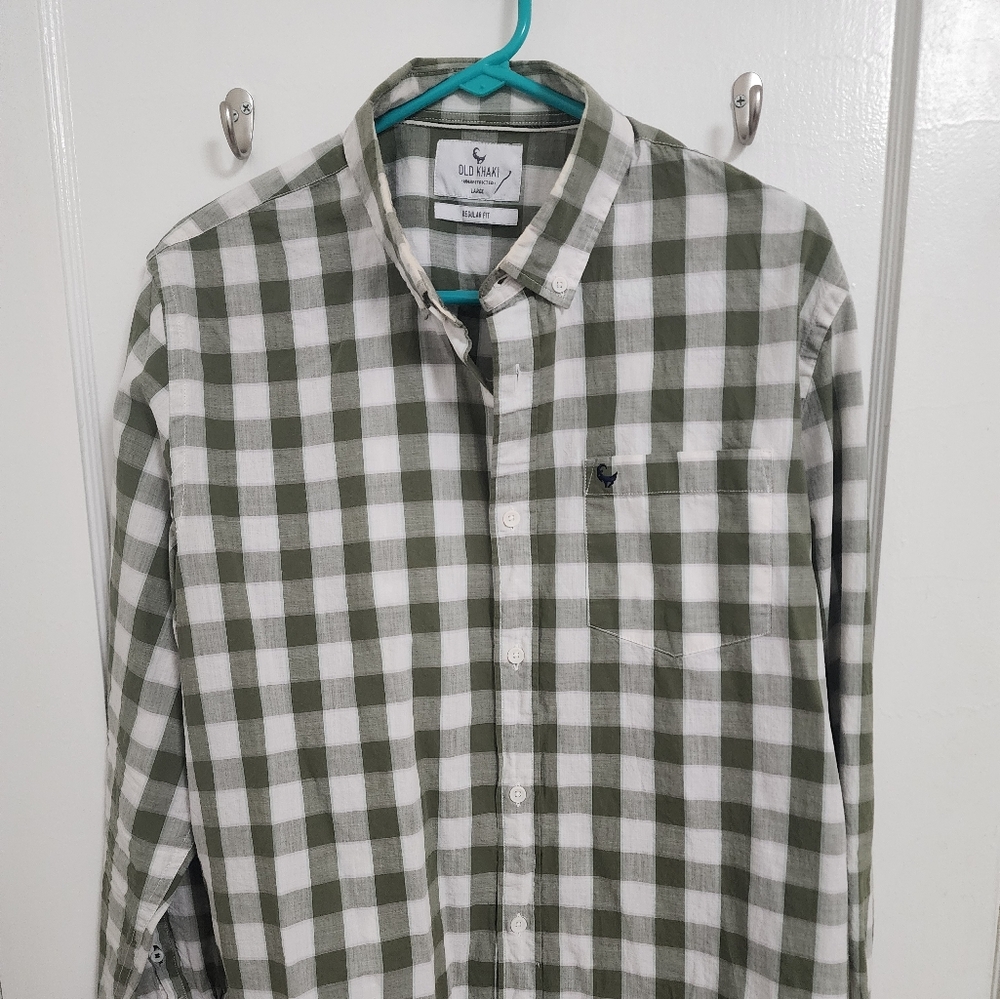Green and white checkered long sleeve button-down